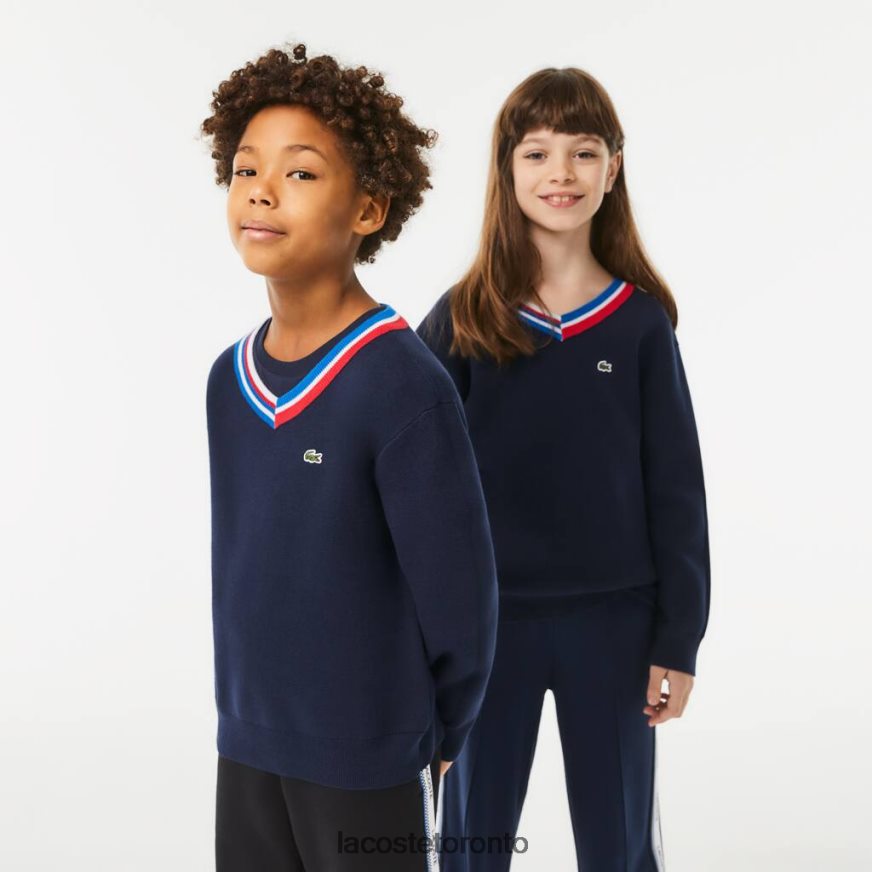 Clothing Lacoste Contrast Striped Neck Cotton Sweater Navy Blue/White Kids Z60BPR3284