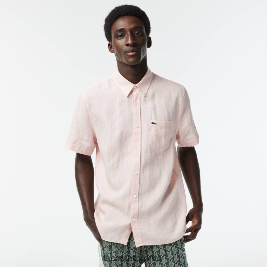 Clothing Lacoste Short Sleeve Linen Shirt Light Pink Men Z60BPR489