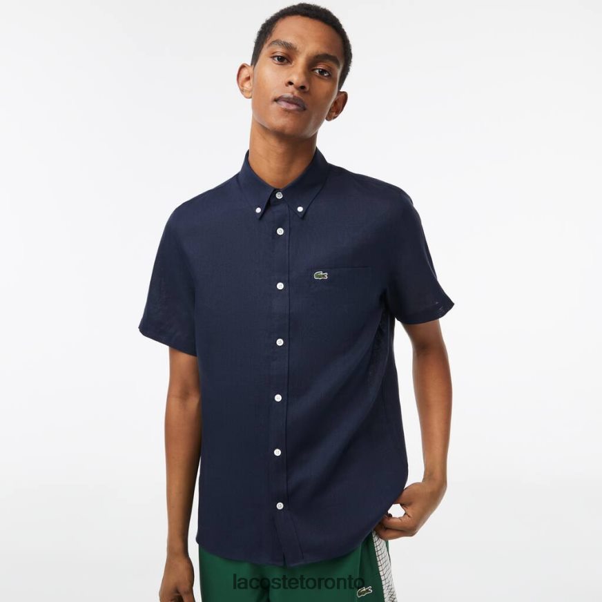 Clothing Lacoste Short Sleeve Linen Shirt Navy Blue Men Z60BPR491