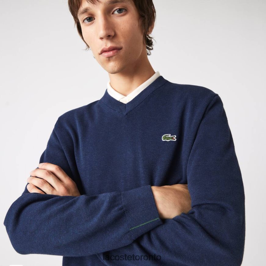 Clothing Lacoste V-Neck Organic Cotton Sweater Blue Chine Men Z60BPR1325