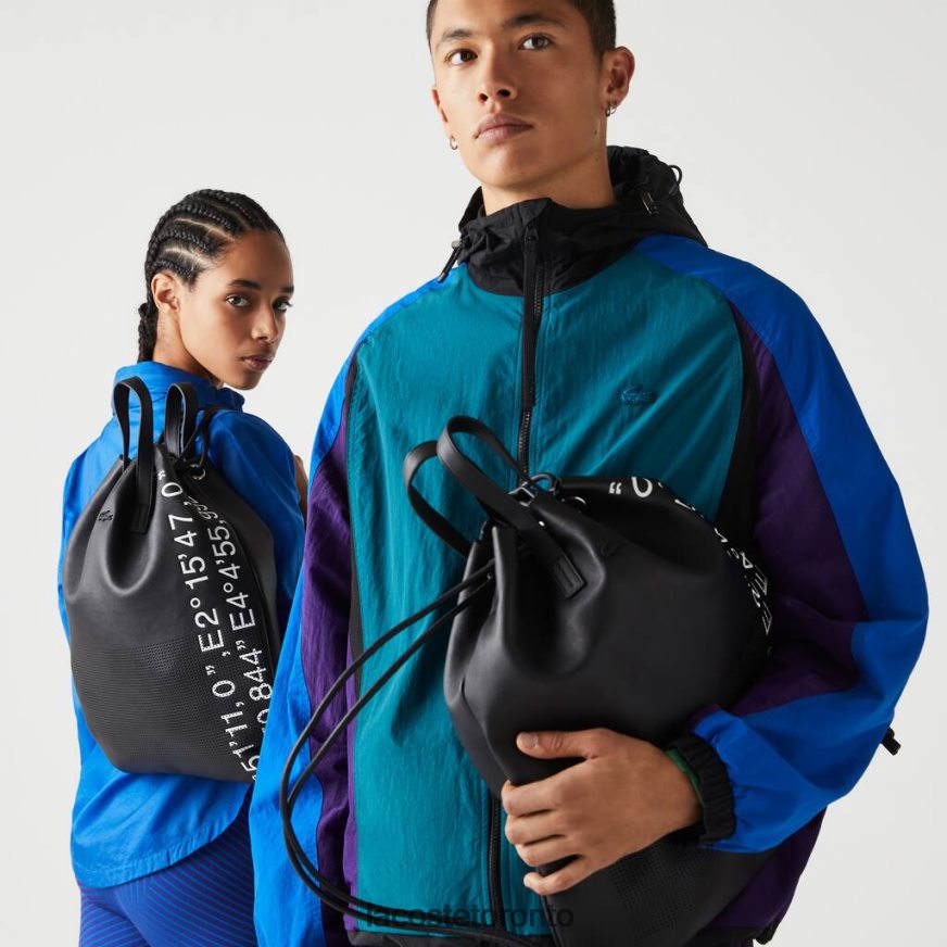 Bags & Leather Goods Lacoste Contrast Geographical Coordinate Flat Backpack Noir Blanc Unisex Z60BPR2105