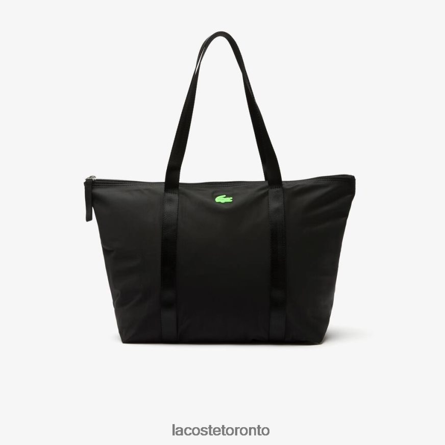 Bags & Leather Goods Lacoste Izzie Large Striped Handles Canvas Shopper Bag Noir Vert Fluo Unisex Z60BPR2822