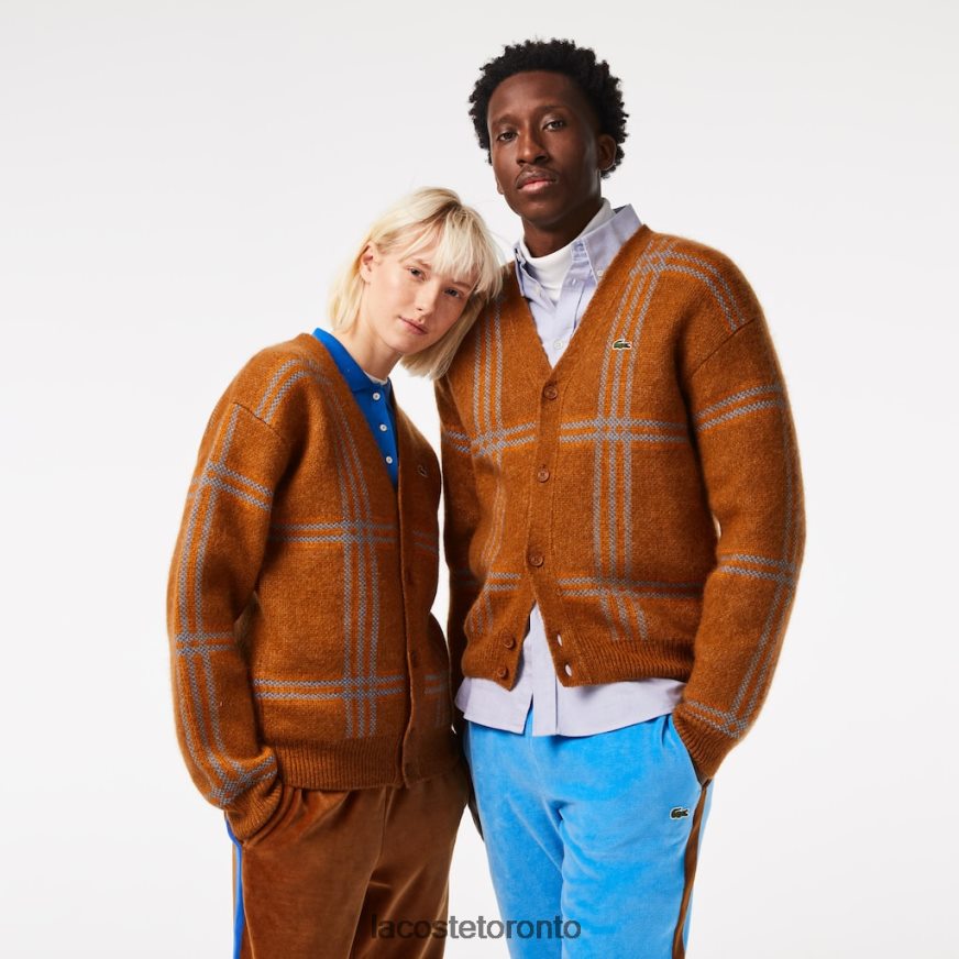 Clothing Lacoste Tartan Pattern Wool Cardigan Brown/Blue/Orange Unisex Z60BPR1395